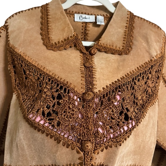 Vintage Y2K Carducci 100% Suede Crocheted Jacket Tan Brown Boho Western  Medium - Picture 7 of 14